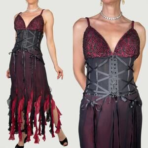 Terani Couture corset lace-up silk long dress prom gown whimsigoth baddie goth 8
